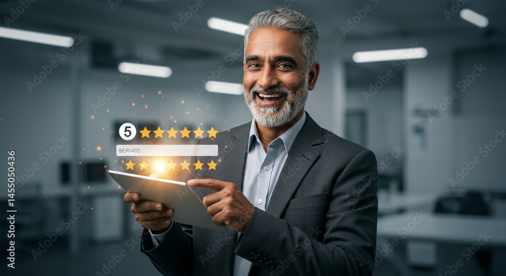 Poster man in suit smiles while interacting with a tablet displaying a five star service rating interface