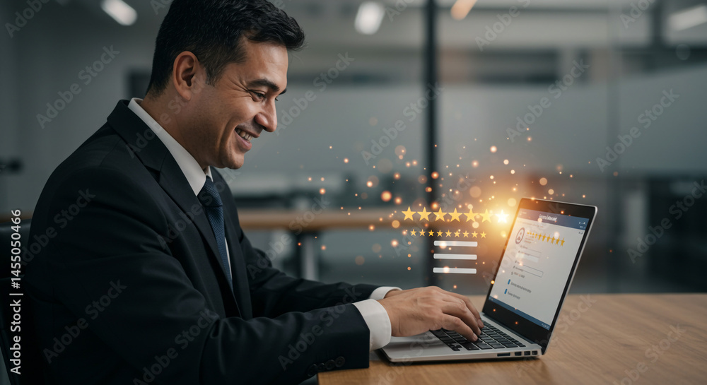 Poster man in suit smiling and typing on laptop with star rating graphic overlay in an office setting