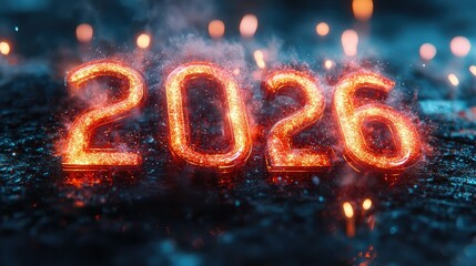 Year 2026, fiery, glowing, futuristic