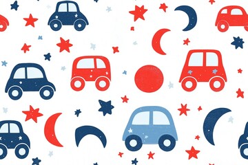 Kids Seamless Cars Stars Moons Pattern - Playful Red Blue White Illustration