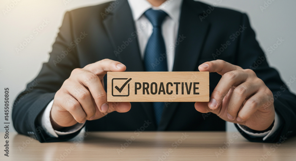 Poster man in suit holding a wooden block with the word proactive and a checkmark on it in front of him