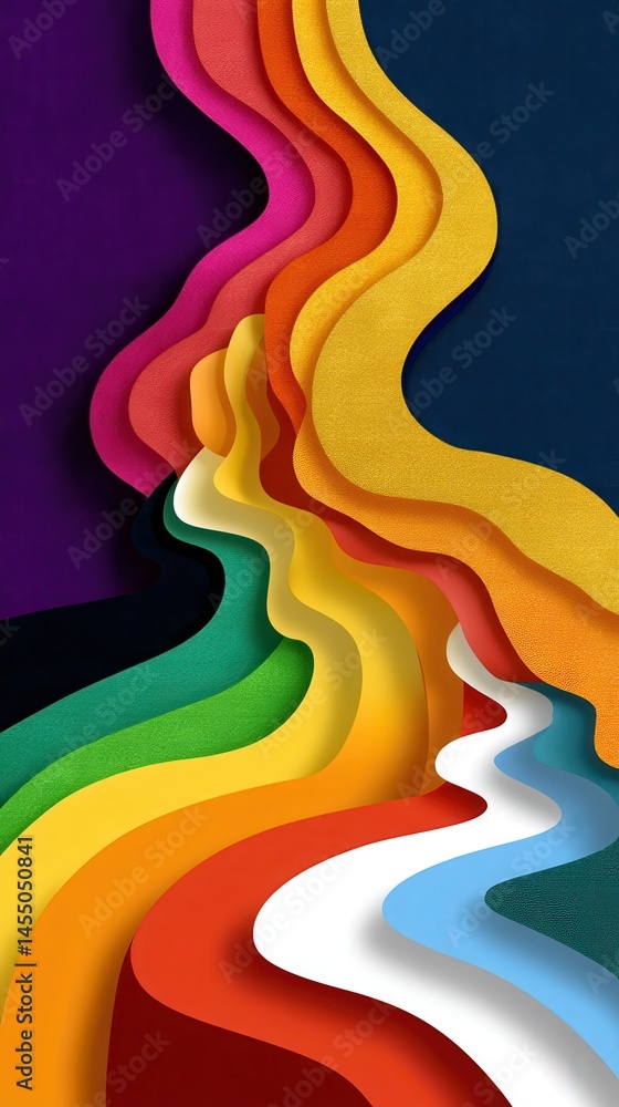 Poster vibrant multicolor undulating layers form an abstract design, creating depth and rhythm in a fluid, 
