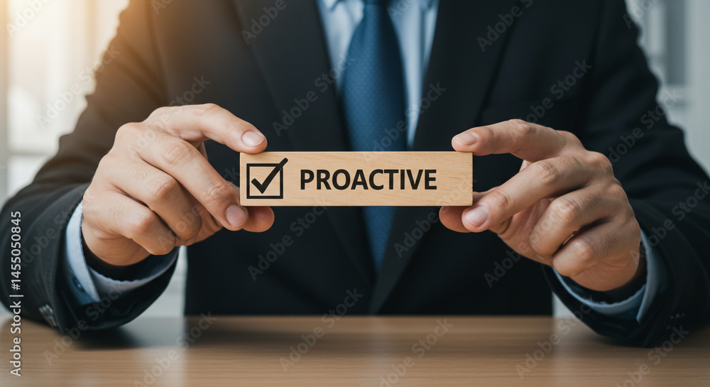 Poster man in suit holding a wooden block with the word proactive and a checkmark on it in front of him