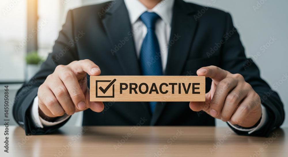 Aufkleber man in suit holding a wooden block with the word proactive and a check mark on it in his hands