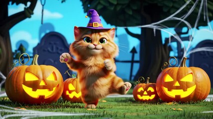Adorable pumpkin halloween scene with cartoon cat in witch hat dancing in spooky graveyard. concept of halloween celebration, cute feline, spooky autumn vibes - Powered by Adobe