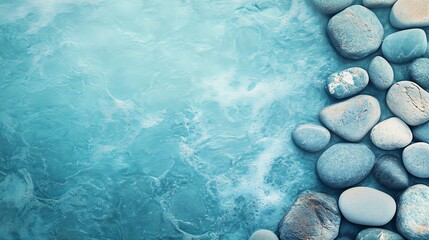 Serene blue water background with smooth river rocks sea spa zen calm cool aqua scene ocean beach