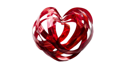 Abstract interwoven red heart shape on black background, cut out transparent