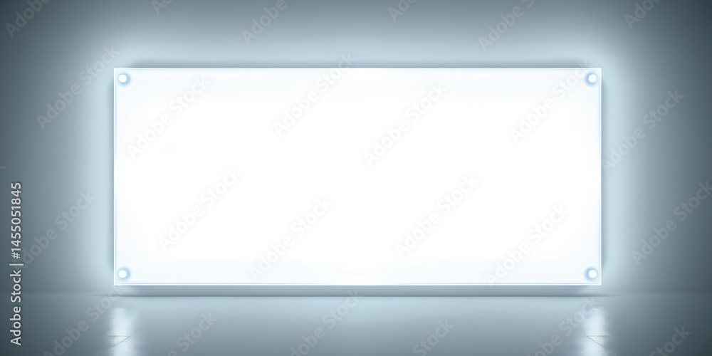 Poster a blank white rectangular sign illuminated on a gray wall with mounting hardware visible