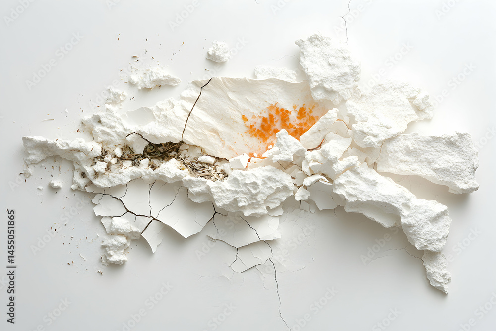 Poster a detailed artistic display of a crumbling surface showcasing texture depth and color. could be used
