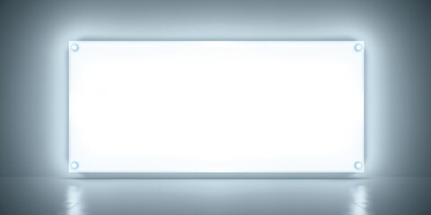 Fototapeta premium A blank white rectangular sign illuminated on a gray wall with mounting hardware visible