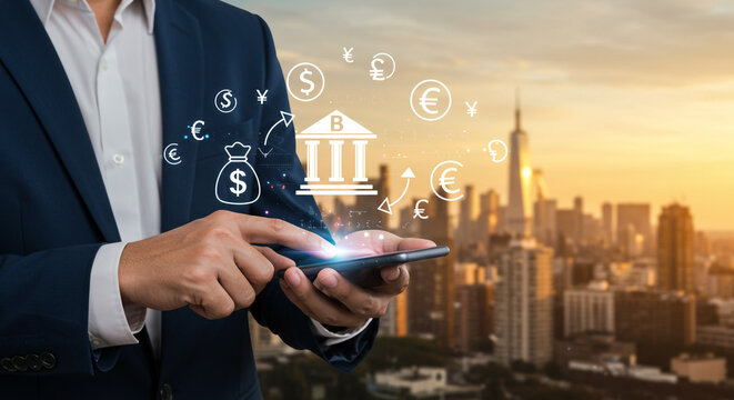 Man using phone with currency symbols and bank icon overlayed on a city skyline at sunset