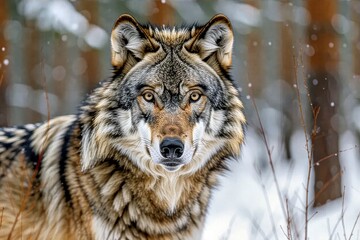 Fototapeta premium Wolf stares intently into camera in snowy forest