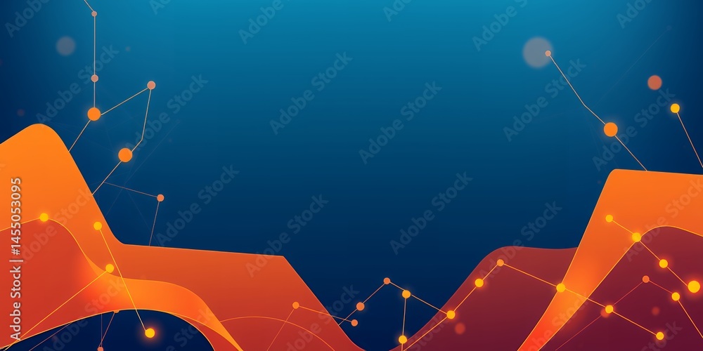 Poster abstract background with orange shapes connected by lines and dots on a blue backdrop