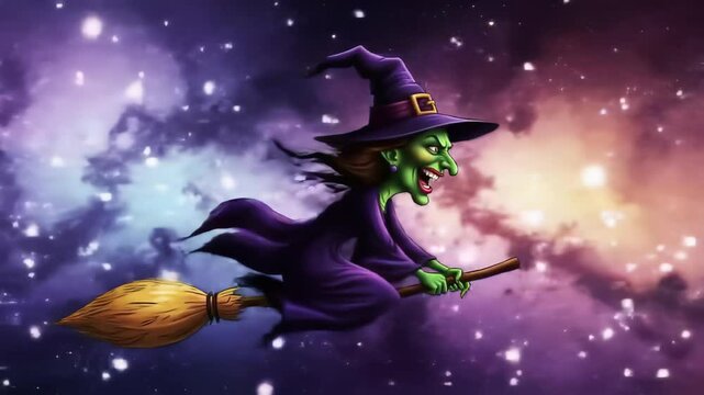 Whimsical green witch soaring on broomstick through mystical starry sky. concept of magic, enchantment, halloween fantasy, celestial flight, imaginative adventure