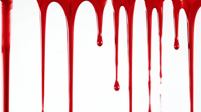 Bright red blood dripping vertically down clean white background resembling horror scene or red paint. Concept of Halloween fear, dripping liquid, crime thriller, spooky atmosphere