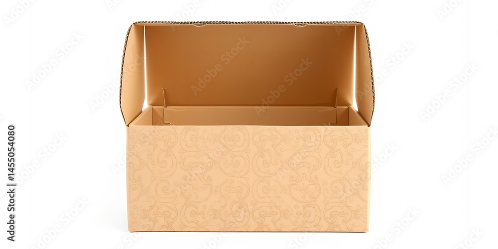 Poster a front view of an open brown cardboard box displayed on a plain white background surface