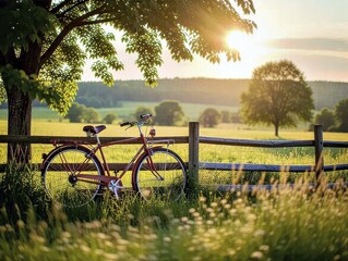 Bike rests beside fence in rural summer landscape

