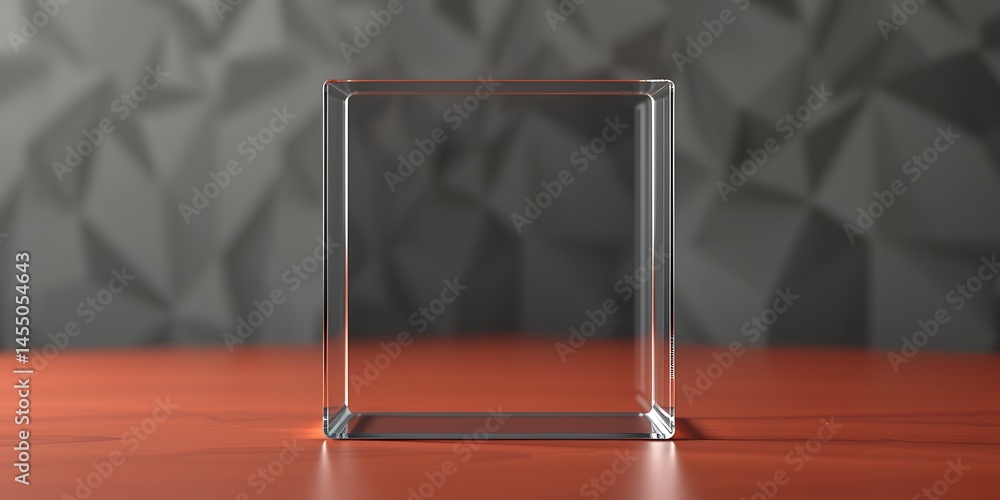 Aufkleber a clear glass cube sitting on a red surface with a geometric background behind it in studio