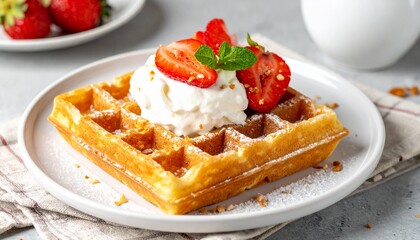 Delicious Waffles with Strawberries and Whipped Cream A Sweet Breakfast Treat
