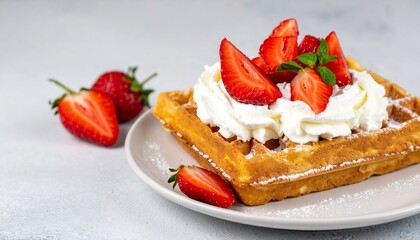 Delicious Belgian Waffles with Fresh Strawberries and Whipped Cream