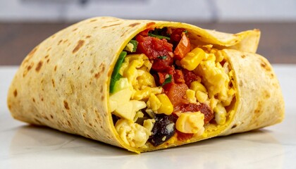 Delicious Breakfast Burrito Scrambled Eggs, Cheese, Corn, and Salsa