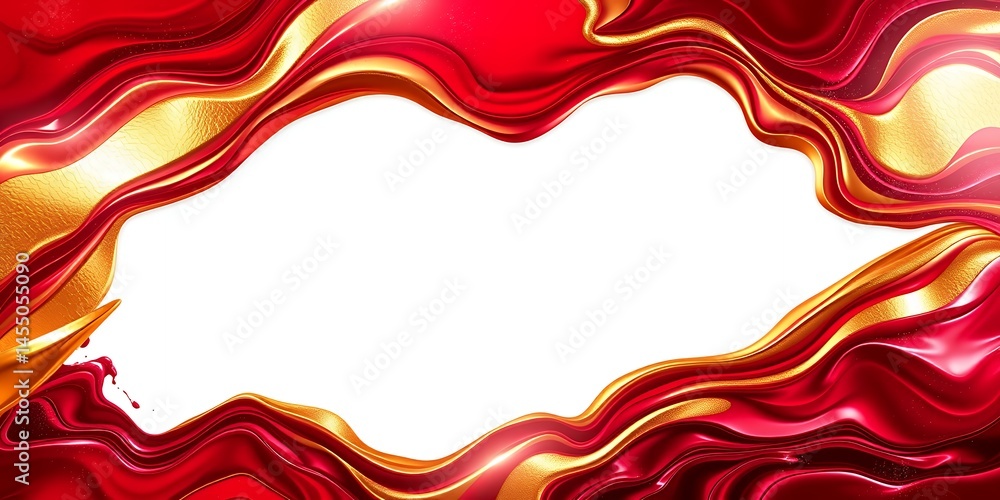 Poster abstract frame with red and gold flowing liquid on a white background creating a border