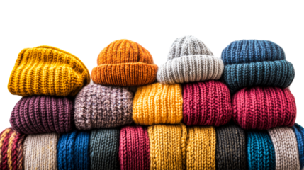 Assortment of stacked winter knit beanies, isolated «, cut out transparent"
