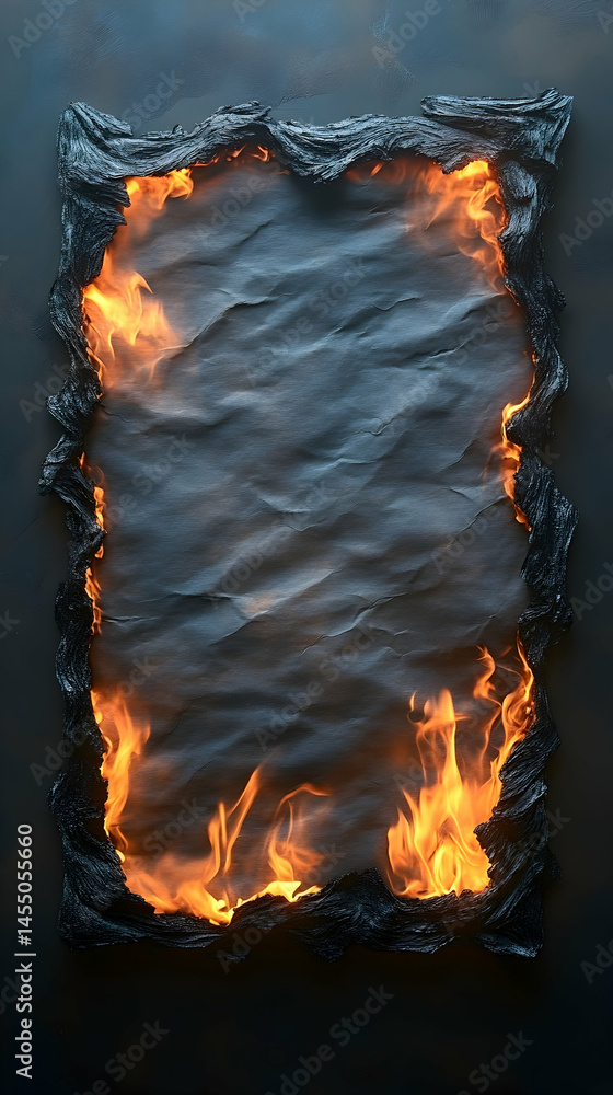 Poster a crumpled gray sheet of paper is engulfed by flames creating a fiery border around its edges the da