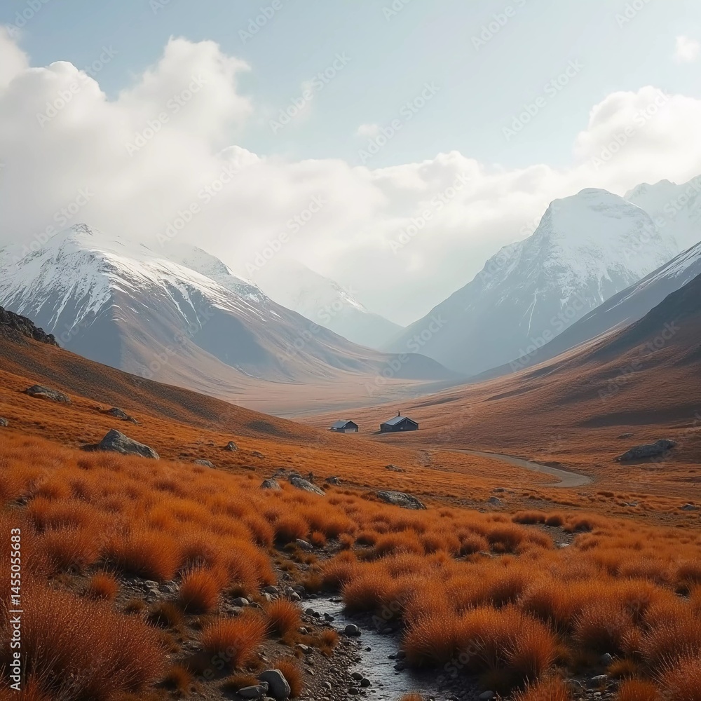 Poster bright autumn colors transform the tundra into a vivid tapestry, showcasing golden grasses under maj