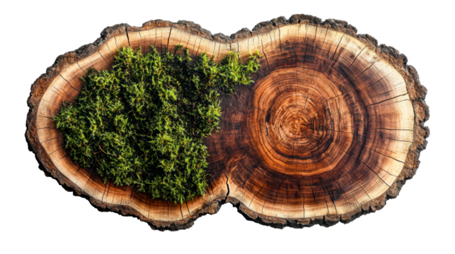 Tree slice with moss growth, studio macro close-up texture detail, cut out transparent