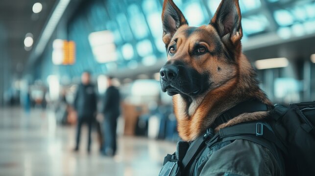 A German Shepherd police dog in a military-style vest, standing alert at an airport with his handler. The dog is trained for bomb sniffing and narcotics detection.