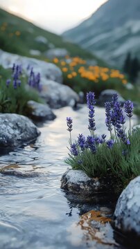 Vibrant lavender flowers bloom by a clear stream with scenic mountain views in the background.