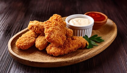 crispy fried chicken strips with dipping sauce on wooden plate