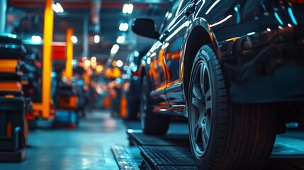 A car in an industrial auto workshop, on a lift being worked on by mechanics.