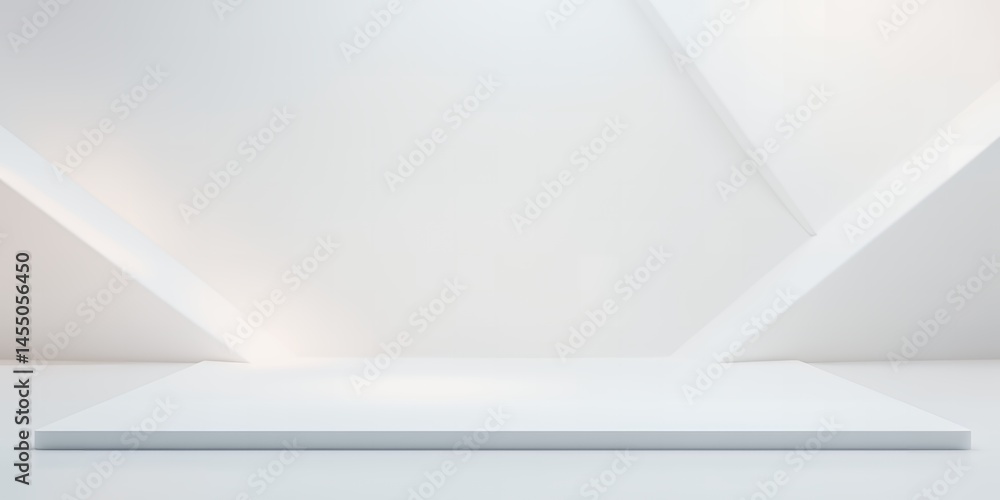 Poster a minimalist white platform with geometric shadows on the backdrop for product display use
