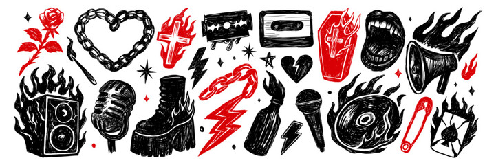 Grunge-inspired punk rock doodles in red and black, featuring fire, chains, mic, cassette, combat boots and rebellious symbols.