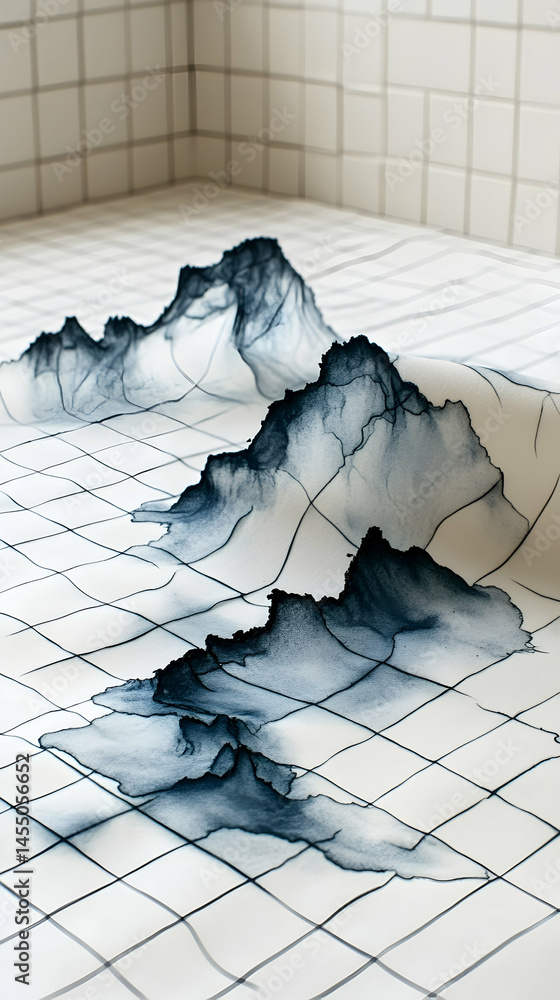 Poster abstract ink landscape on gridded surface evokes mountains and valleys subtle shading creates depth 