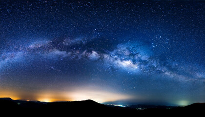 Fototapeta premium panorama blue night sky milky way and star on dark background universe filled nebula and galaxy with noise and grain photo by long exposure and select white balance dark night sky