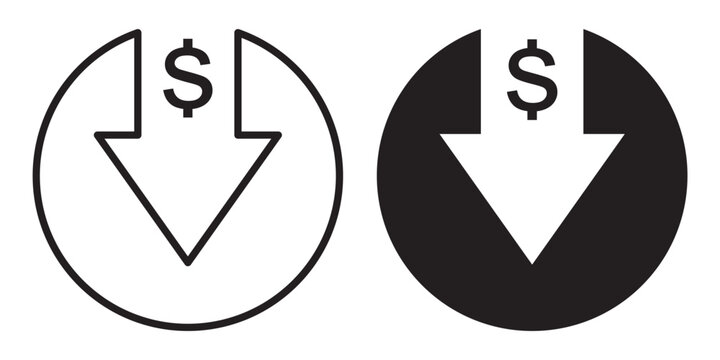 Money arrow down icon set. Price change symbol. Increase and decrease arrow with dollar sign. Cash currency rate. Stock graph. Income and loss vector illustration. financial decrease Money arrow set. 