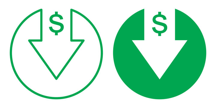 Money arrow down icon set. Price change symbol. Increase and decrease arrow with dollar sign. Cash currency rate. Stock graph. Income and loss vector illustration. financial decrease Money arrow set. 