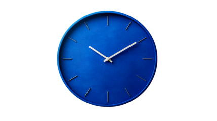 Vibrant blue round wall clock with white hands, isolated «, cut out transparent"