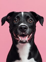 Joyful dog with white spot on nose, happy expression.