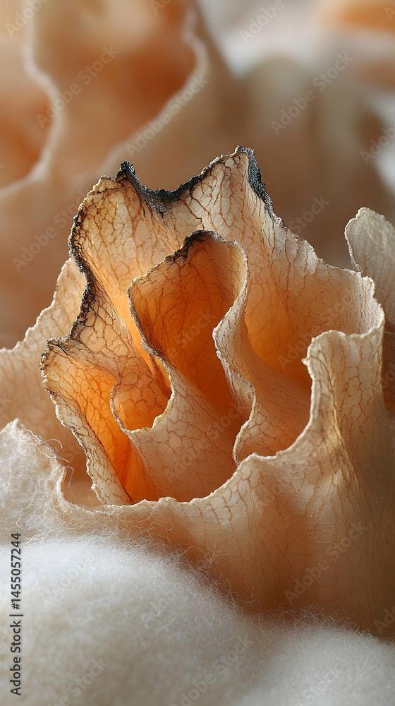 Poster delicate translucent peach-toned flower-like form with textured veined petals resting on a soft fuzz