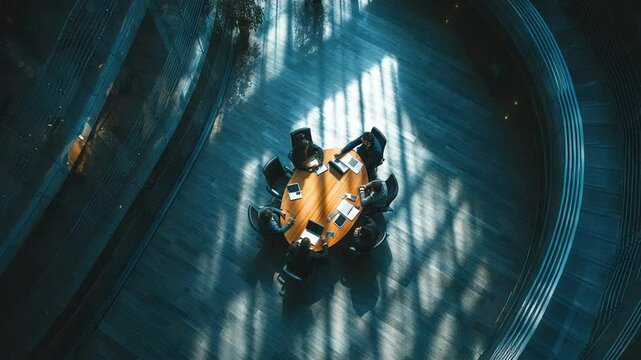 High-angle view of a business team gathered around a circular table in a modern, sophisticated office space. Sunlight streams through the structure, casting dramatic shadows