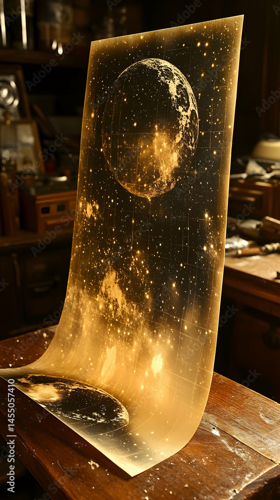 Poster golden-hued celestial image depicting a planet and starfield displayed on a wooden surface the print