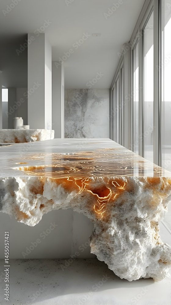 Poster illuminated resin river flows within a rough-hewn light-colored stone countertop situated in a minim
