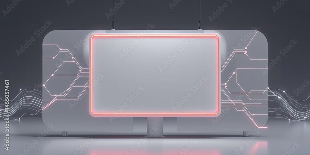 Poster a white billboard with a red neon border and circuit board design against a gray background