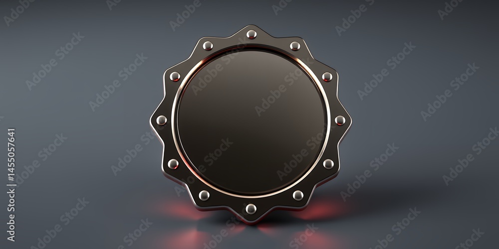 Poster a close up of a metal badge with a circular center and rivets on a gray background shot frontally