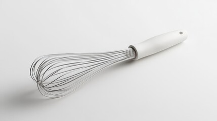 Fototapeta premium A sleek kitchen whisk with a white handle and stainless steel wires perfect for baking and coo