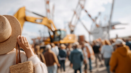 Woman observing heavy farming equipment at agricultural exhibition  